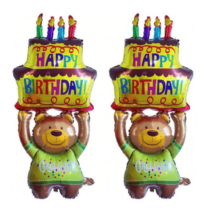 Balon din Folie Metalizata, Flippy, Figurine Animalute, Model Ursulet cu Tort Aniversar, 124x65 cm, Ambalaj Individual, Pai Inclus, Umflare cu Aer sau Heliu, Multicolor