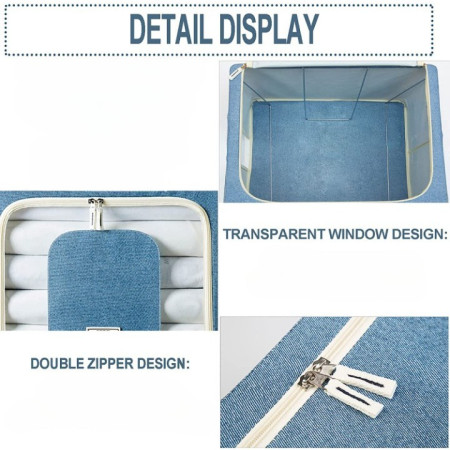 Cutie de Depozitare Pliabilă, 24L, Bumbac & In, 40x30x20 cm, Fereastră Transparentă, 2 Uși cu Fermoar, Cadru Metalic, Bază Stabilă, Albastru Marin