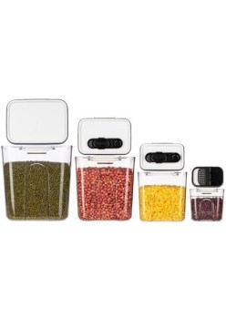 Set 4 Recipiente Depozitare Alimente,  Flippy, pentru Organizare Bucatarie, cu Inchidere Ermetica, Transparent, Plastic fara BPA, Compatibile cu Masina de Spalat Vase, Diferite Dimensiuni, 350 ml, 1300 ml, 2700 ml, 4600 ml