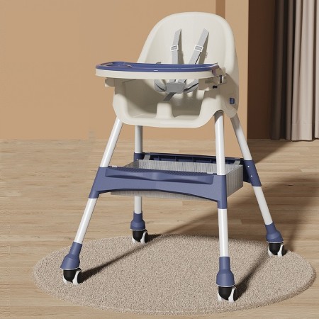 Scaun de Masă pentru Copii cu Roti și Masuță Reglabilă, Pliabil, Telescopic, Albastru, cu Centură și Spațiu de Depozitare, 97x73x65 cm