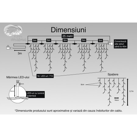Instalatie Craciun, 25 m, 715 Led-uri ,Franjuri, Multicolor, Flash, Transformator cu telecomanda, Interconectabila, Prelungitor 3 m inclus, Fir Negru, Flippy