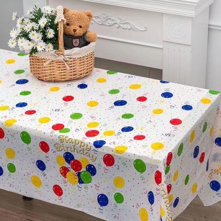 Fata de Masa, Flippy, din PEVA, Imprimeu Happy Birthday cu Baloane, 137 x 274 cm, Impermeabila, Fara Pete, Curatare Rapida, Multicolor