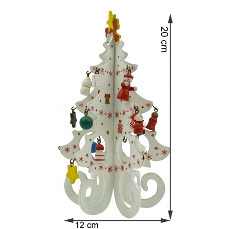 Decoratiune Craciun, Brad, Alb, 6 cavitati cu ornamente, 12 cm x 20 cm, Lemn, Flippy