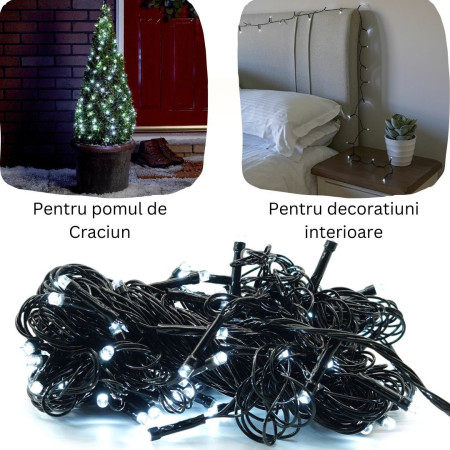 Instalatie de Craciun 8 jocuri de lumini, controler, liniara, 24 m, din care 1 m cablu priza 220V, 300 LED, fir negru, alb rece