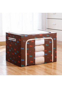 Cutie de Depozitare Pliabilă, 100L, Material Textil, Cadru Metalic, Fermoar Bidirecțional, Fereastră Transparentă, Imprimeu Cățeluși, 60x42x40 cm, Maro