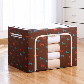 Cutie de Depozitare Pliabilă, 100L, Material Textil, Cadru Metalic, Fermoar Bidirecțional, Fereastră Transparentă, Imprimeu Cățeluși, 60x42x40 cm, Maro