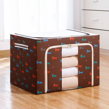 Cutie de Depozitare Pliabilă, 100L, Material Textil, Cadru Metalic, Fermoar Bidirecțional, Fereastră Transparentă, Imprimeu Cățeluși, 60x42x40 cm, Maro