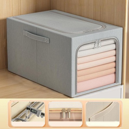 Cutie de Depozitare, Flippy, 49L, din In si Bumbac, Pliabila, Cadru din Otel, 47 x 35 x 30 cm, Albastru Fumuriu