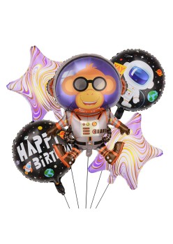 Baloane Model Maimutica Spatiala, Flippy, Set din 5 baloane, 1 Maimutica Astronaut, 2 Stele, 2 Rotunde, din folie de aluminiu, Adeziv si pai incluse, 78x45cm, Multicolor