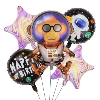 Baloane Model Maimutica Spatiala, Flippy, Set din 5 baloane, 1 Maimutica Astronaut, 2 Stele, 2 Rotunde, din folie de aluminiu, Adeziv si pai incluse, 78x45cm, Multicolor