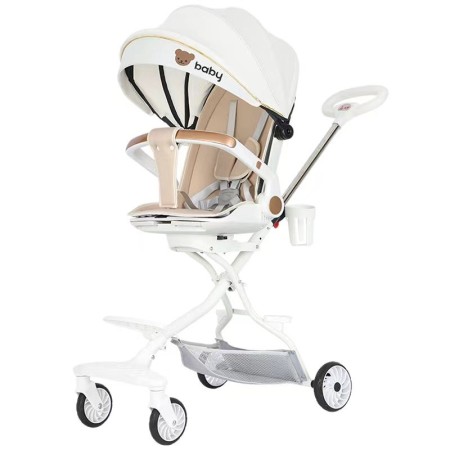 Cărucior 3 în 1, Reversibil, Pliabil, Poziție Somn, Tavă Masă, Roti 360°, Copertină UV, Suport Pahar, Model Pisicuțe, Alb, 6-36 Luni