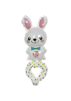 Balon din Folie Metalizata, Flippy, Figurine Animalute, Tip Bratara, Model Iepuras, Ambalaj Individual, Pai Inclus, Umflare cu Aer sau Heliu, Alb