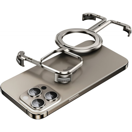 Husa MagSafe Metalica Compatibila cu iPhone 15 Pro, Flippy, Clear Case, Aliaj de Aluminiu, cu Magnet, fara Rama, Antisoc, Antizgariere, Incarcare Wireless, Gri Metalizat