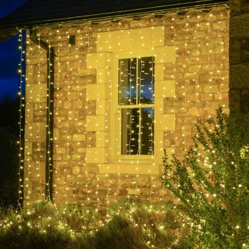 Instalatie Craciun Tip Perdea,  8 Jocuri de Lumini, Interconectabila, 3 m x 2 m, 240 LED-uri, Prelungitor 1.5 m, Fir transparent, Alb Cald