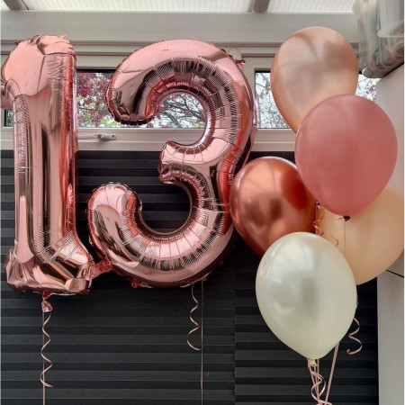 Balon din Folie Metalizata Flippy, Figurina Cifra, Tema Aniversare 40 cm, Ambalaj Individual, Pai inclus, Umflare cu Aer sau Heliu, Rose Gold, Cifra 1