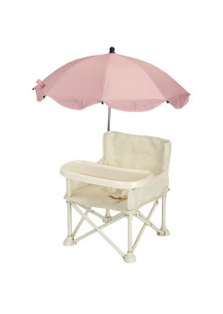 Scaun de Masă Portabil pentru Bebelusi 6 Luni+, Tavă și Husă Detasabile, Pliabil, cu Umbrelă Roz, Bej, Centură Siguranță, 30kg