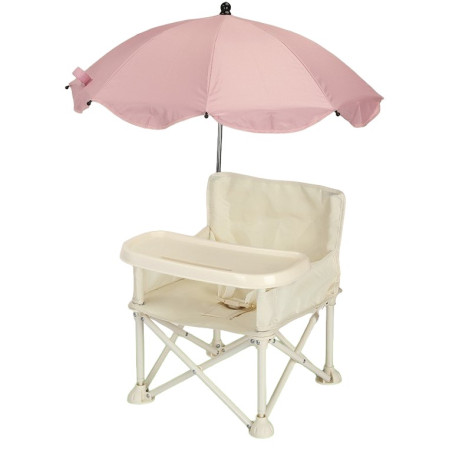Scaun de Masă Portabil pentru Bebelusi 6 Luni+, Tavă și Husă Detasabile, Pliabil, cu Umbrelă Roz, Bej, Centură Siguranță, 30kg