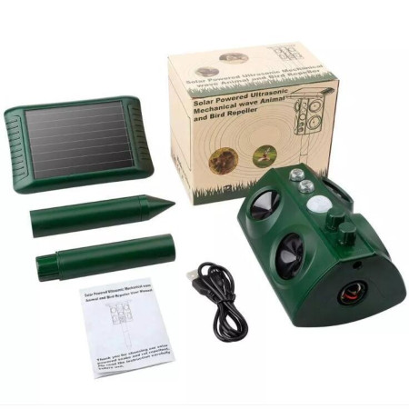 Aparat Solar LED cu Ultrasunete și Vibrații, Repelent Animale Mari și Mici, Senzor PIR, Lumini Roșii, Frecvență 13.5-45.5 KHz, IP54, USB & Solar, 15.5x15.4x26.2 cm, Verde
