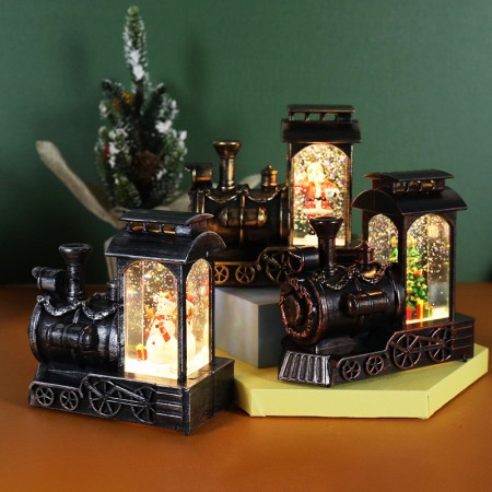 Decoratiune de Craciun tip Locomotiva, Flippy, Glob de Cristal cu Fulgi de Zapada, Model Om de Zapada, Iluminare LED, 11.5 x 12.5 x 6 cm, Carcasa Vintage Bronze, Transparent