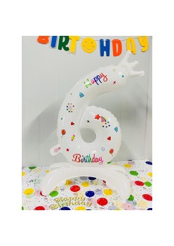 Balon din Folie Metalizata, Flippy, Figurina Cifra, Model 6 cu Happy Birthday Scris, Tema Aniversare 81 cm, Ambalaj Individual, Pai Inclus, Umflare cu Aer sau Heliu, Alb