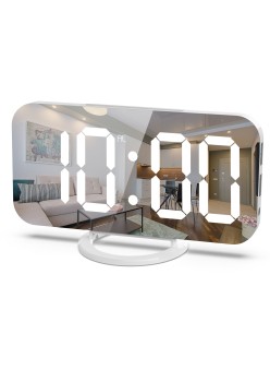 Ceas digital cu LED, Flippy, multifunctional, afisaj digital, alarma, 2 porturi USB de iesire, ecran tip oglinda, modern, 15.8 cm, alb