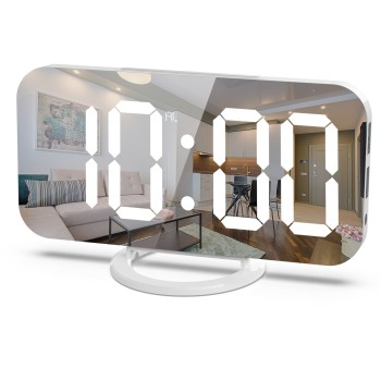 Ceas digital cu LED, Flippy, multifunctional, afisaj digital, alarma, 2 porturi USB de iesire, ecran tip oglinda, modern, 15.8 cm, alb