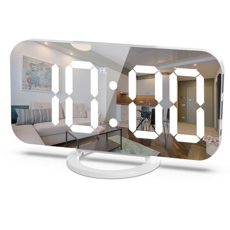 Ceas digital cu LED, Flippy, multifunctional, afisaj digital, alarma, 2 porturi USB de iesire, ecran tip oglinda, modern, 15.8 cm, alb