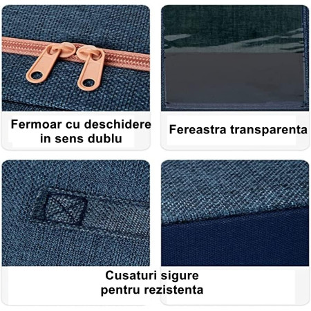 Cutie de Depozitare Pliabilă Premium, 24L, Textil Rezistent, Cadru Metalic, Fermoar Dublu, Ferestre Vizuale, 40x30x20 cm, Albastru Marin
