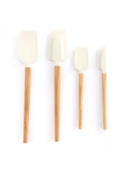 Set 4 Ustensile de Bucatarie, Flippy, din Silicon si Lemn, Spatule de Dimensiuni Diferite, Termorezistente, Antiaderente, Alb-Maro