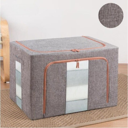 Cutie de Depozitare Pliabilă, 66L, Textil, Cadru Metalic, Bază Stabilă, Fermoar, Două Ferestre de Vizualizare, 50x40x33 cm, Gri