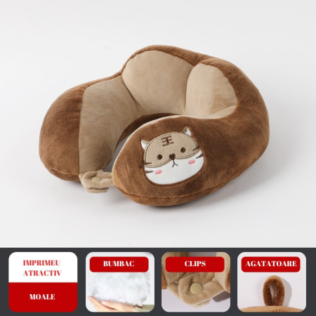 Pernă de Călătorie Ergonomică pentru Gât și Cap, Umplutură Moale din Bumbac, Design Confortabil, Model Brodat Pisică, 28x28x10 cm, Maro