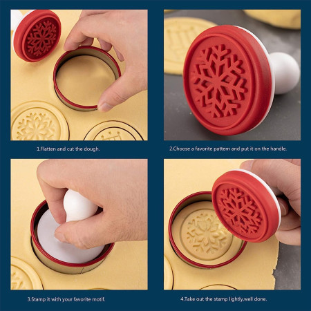 Set 6 stampile pentru prajituri Flippy, tematica de Craciun, din silicon alimentar non-toxic, taietor aluat inclus, 6 cm,  maner din plastic, compact, usor de depozitat,