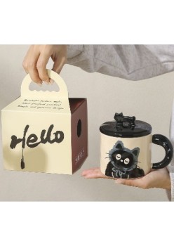 Cana ceramica, Flippy, Model in cutie, cu capac, Albastru-Negru