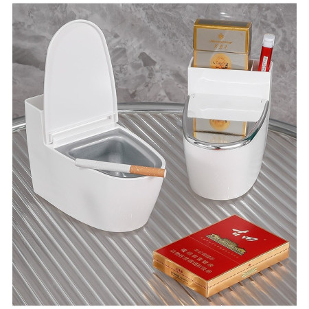 Scrumiera creativa Flippy, Forma de Toaleta, Capac Argintiu, Material ABS si Otel Inoxidabil, 12.5 x 9.8 x 8.4 cm, Fixare prin Lipire sau De Sine Statator, pentru Baie, Camera, Bucatarie, Balcon, Argintiu
