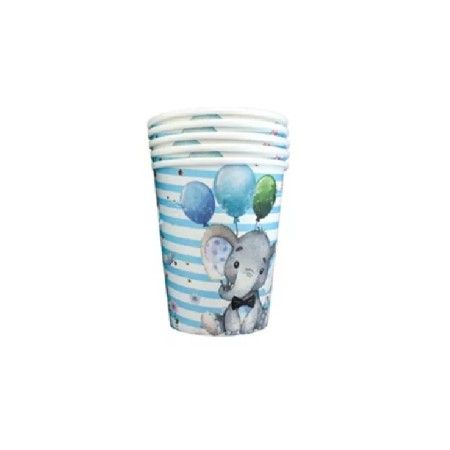 Set 10 Pahare, Flippy, Imprimeu Elefant, din Carton, 7.5 x 8.5 cm, Albastru