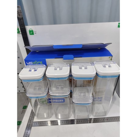 Cutii de Depozitare Alimente, Flippy, Set din 7 Cutii de tip Container, 2x0.5 l, 2x0.8 l, 2x1.2 l, 1x1.9 l, Recipiente pentru Cereale in Bucatarie,  Transparente cu Capac Albastru-Alb