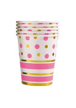 Set 10 Pahare, Flippy, Imprimeu cu Buline si Dungi, din Carton, 250 ml, 7.5 x 8.5 x 5.2 cm, Roz/Auriu