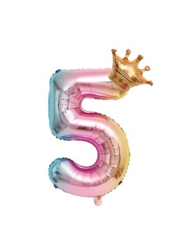 Balon din Folie Metalizata, Flippy, Figurina Cifra Gradient, Tema Aniversare 80 cm, Ambalaj Individual, Pai inclus, Umflare cu Aer sau Heliu, Coronita, Cifra 5