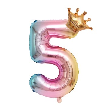 Balon din Folie Metalizata, Flippy, Figurina Cifra Gradient, Tema Aniversare 80 cm, Ambalaj Individual, Pai inclus, Umflare cu Aer sau Heliu, Coronita, Cifra 5