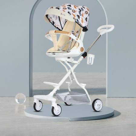 Cărucior Sport 3 în 1, Reversibil, Pliabil, Poziție Somn, Tavă Masă, Roti 360°, Suport Pahar, Copertină Soare, Crem Model Junglă, 6-36 Luni