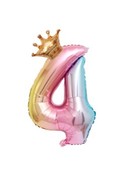 Balon din Folie Metalizata, Flippy, Figurina Cifra Gradient, Tema Aniversare 80 cm, Ambalaj Individual, Pai inclus, Umflare cu Aer sau Heliu, Coronita, Cifra 4