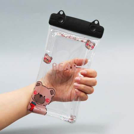 Husa subacvatica Fruity Waterproof Flippy, Snowproof, Universala, Impermeabila, cu Snur, pentru telefon sau documente, Berry Bear, Negru
