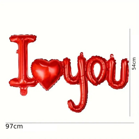 Balon din Folie Metalizata, Figurine Litere si Inima, Model I Love You, Tema Ziua Indragostitilor, 54x97 cm, Ambalaj Individual, Pai Inclus, Umflare cu Aer sau Heliu, Rosu