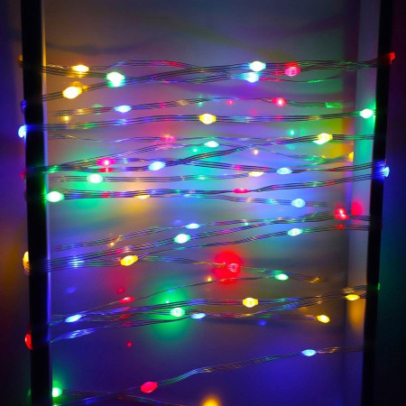 Instalatie de Craciun cu 8 jocuri de lumini, liniara, cu 100 micro LED-uri, 10 m, 220V, conectare la retea, fir transparent, multicolora