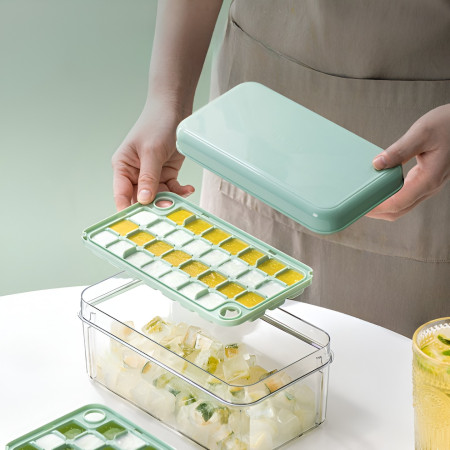 Set Cutie pentru Gheata, Flippy, Uz Casnic, Doua Tavite pentru Cuburi, Capac Etans, Lopata, 23.5x13.3x10 cm, Verde