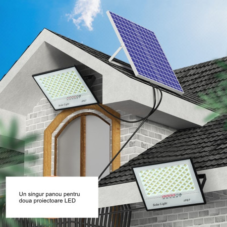 Set 2 proiectoare LED cu Panou Solar Flippy, Senzor de miscare, Telecomanda, Waterproof, 200 LED-uri incorporate, 65W, 24x18 cm, IP67, Design Modern, Negru