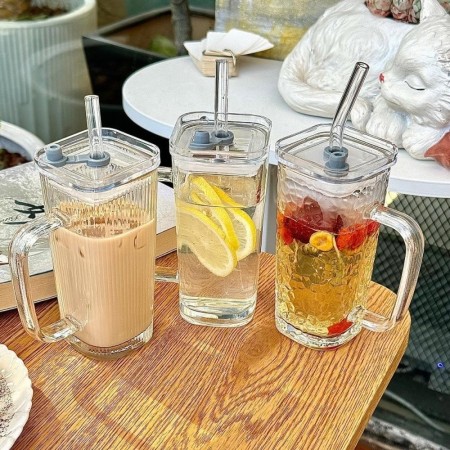 Pahar pentru Racoritoare, Flippy, din Sticla, 330 ml, cu Pai si Maner, Model Clear, Transparent