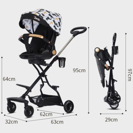 Cărucior Sport 3 în 1, Reversibil, Pliabil, Poziție Somn, Tavă Masă, Roti 360°, Suport Pahar, Copertină Soare, Negru Model Pisicuțe, 6-36 Luni