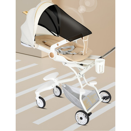 Cărucior Sport 3 în 1, Reversibil, Pliabil, Poziție Somn, Tavă Masă, Roti 360°, Suport Pahar, Copertină Soare, Alb Model Pisică, 6-36 Luni