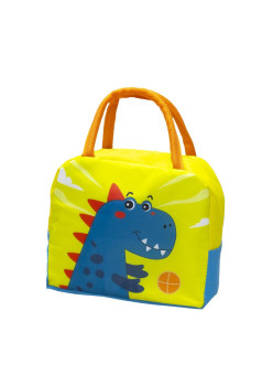 Geanta Termoizolanta pentru Copii, Flippy, 23x13x19 cm, Model Imprimeu Dinozaur, din Folie de Aluminiu si Panza Oxford, Albastru/Galben
